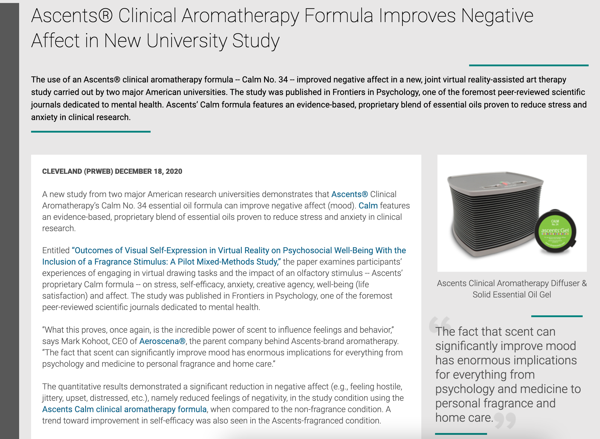 Ascents® Clinical Aromatherapy Formula Improves Negative Affect in New, Joint University Study